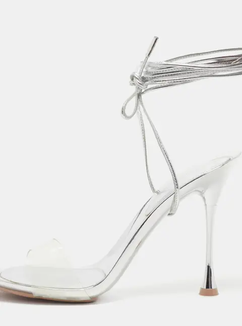 Gianvito Rossi Spice Size 40 Silver Metallic Leather and PVC Ankle Wrap Sandals