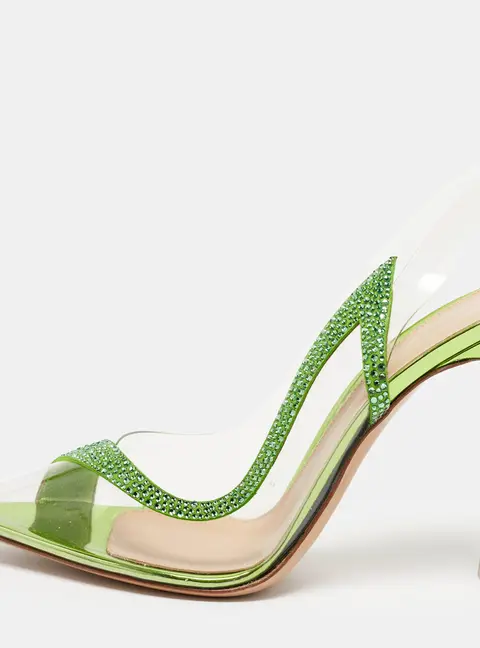 Gianvito Rossi Hortensia Size 40.5 Transparent/Neon Green PVC and Suede Crystal Embellished Pumps