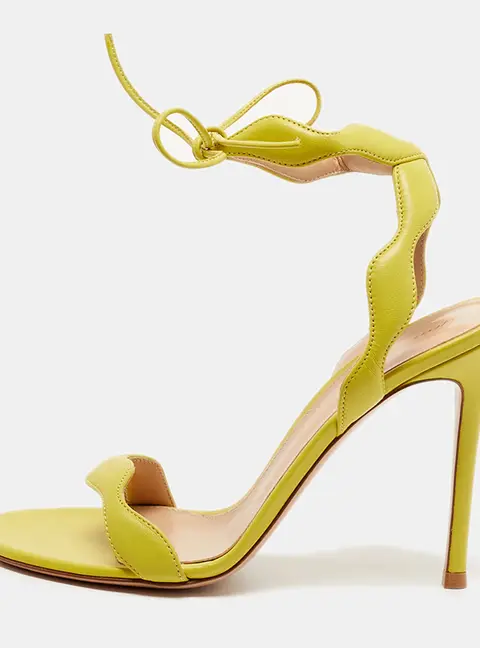 Gianvito Rossi Size 37 Neon Green Leather Wavy Ankle Tie Sandals