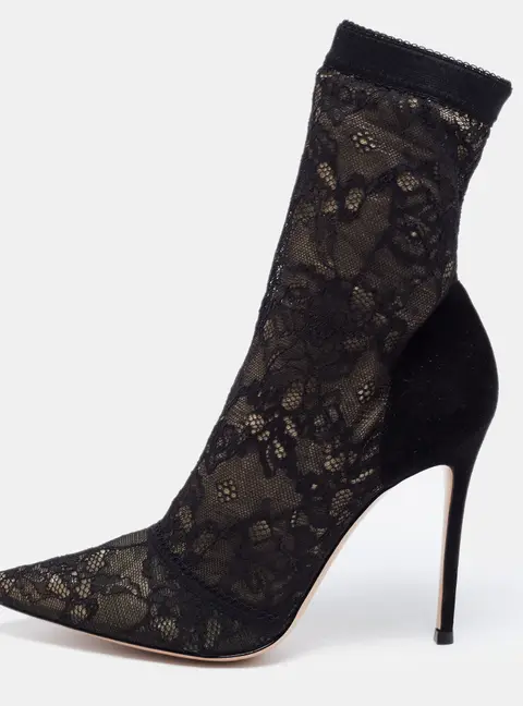 Gianvito Rossi Black/Beige Suede And Lace Ankle Boots Size 40.5