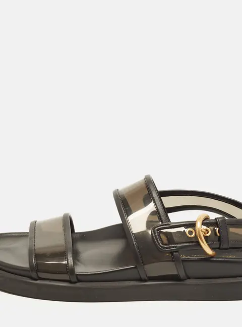 Gianvito Rossi Bilbao Size 36 Black Leather and PVC Flat Slingback Sandals