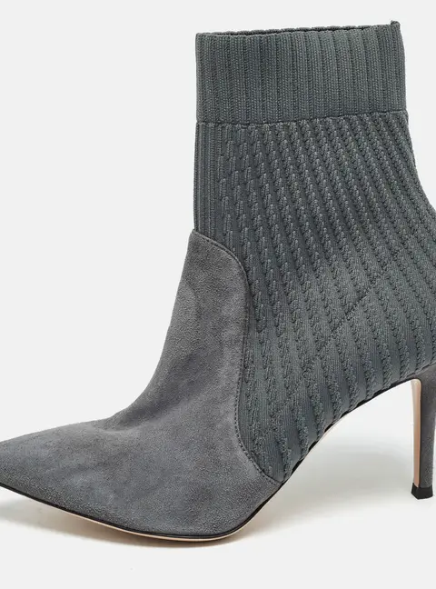 Gianvito Rossi Grey Knit Fabric And Suede Katie Ankle Boots Size 36.5