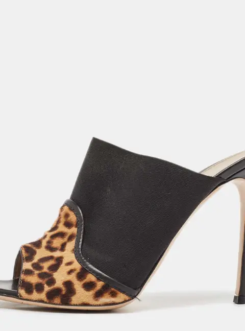 Gianvito Rossi Brown/Black Leopard Print Calf Hair and Fabric Mules Size 40.5