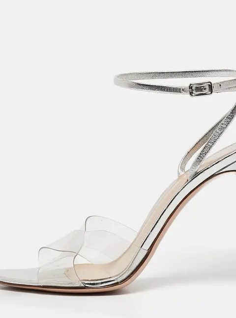 Gianvito Rossi Plexi Stark Size 37 Silver Leather and PVC Ankle Strap Sandals