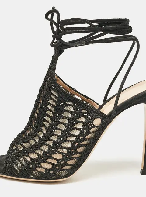 Gianvito Rossi Black Crochet and Suede Ankle Wrap Mules Size 37.5