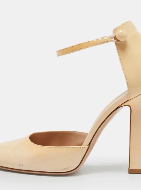 Gianvito Rossi Beige Patent Leather Ankle Strap Block Heel Pumps Size 38.5