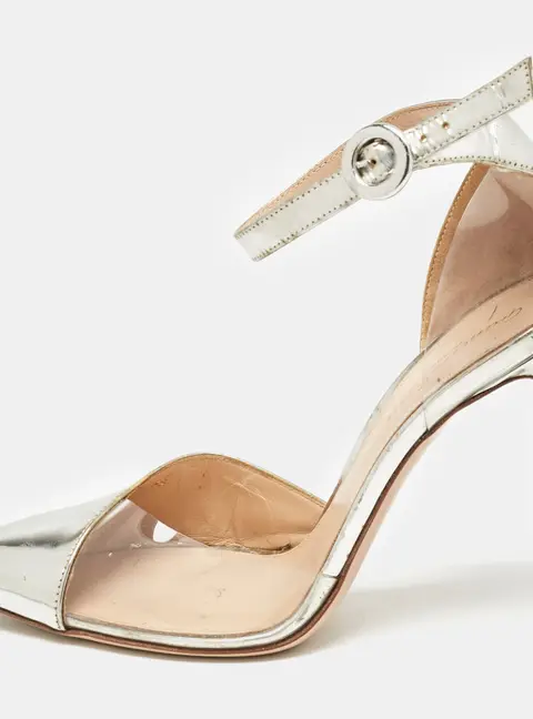 Gianvito Rossi Silver Leather and PVC Anise Pointed Toe Ankle Strap Pumps Size 38