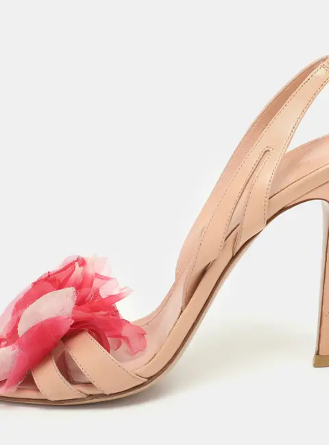 Gianvito Rossi Peach Leather Floral Embellished Slingback Sandals Size 38