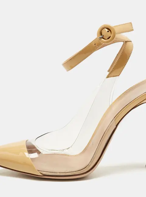 Gianvito Rossi Beige/Transparent Leather And PVC Anise Pointed Toe Ankle Strap Sandals Size 39