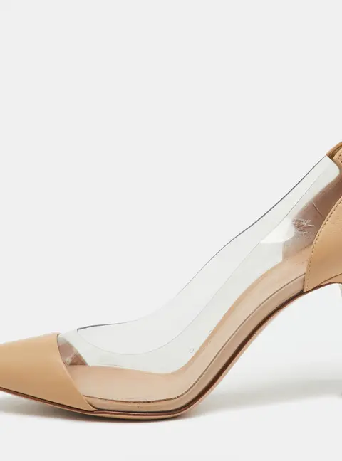 Gianvito Rossi Beige/Transparent Leather and PVC Plexi Pointed Toe Pumps Size 36.5