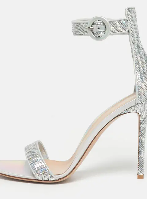 Gianvito Rossi Silver Iridescent Leather and Sequins Portofino Ankle Strap Sandals Size 42