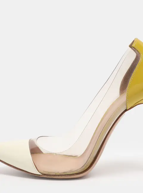 Gianvito Rossi Cream/Yellow Patent Leather And PVC Plexi Pointed Toe Pumps Size 35