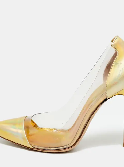 Gianvito Rossi Gold/Transparent Patent Leather And PVC Plexi Pointed Toe Pumps Size 35