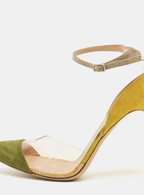 Gianvito Rossi Size 39.5 Olive Green/Yellow PVC and SuedeAnkle Strap  Pumps
