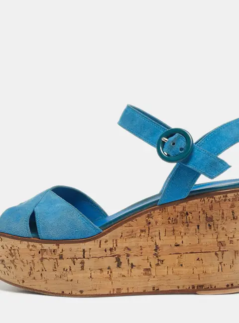 Gianvito Rossi Size 40 Blue Suede Cork Wedge Ankle Strap Sandals