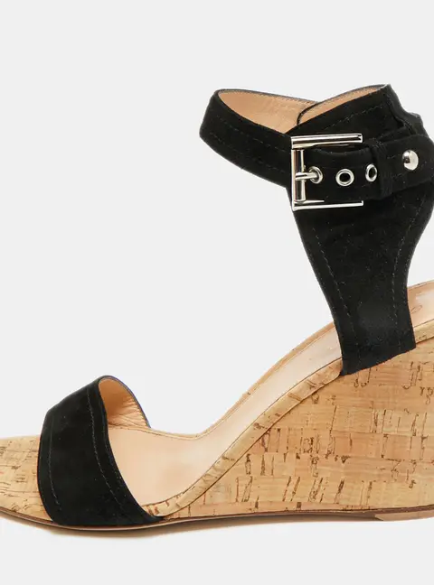 Gianvito Rossi Size 41 Black Suede Cork Wedge Sandals