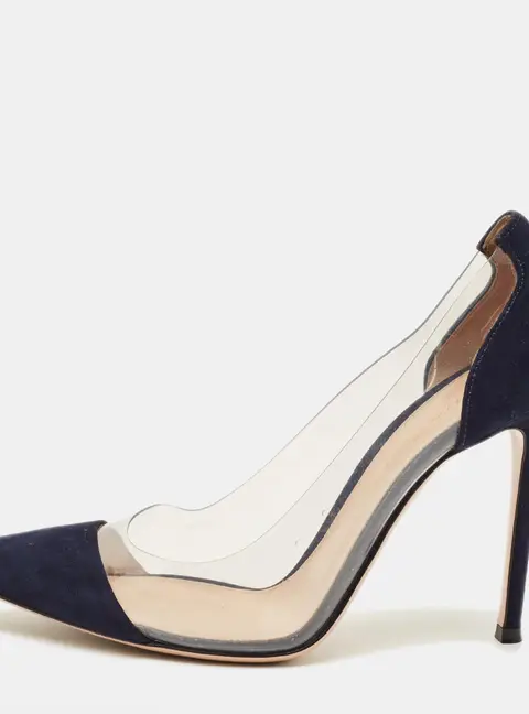 Gianvito Rossi Plexi Size 38 Navy Blue/Transparent Suede and PVC Pumps