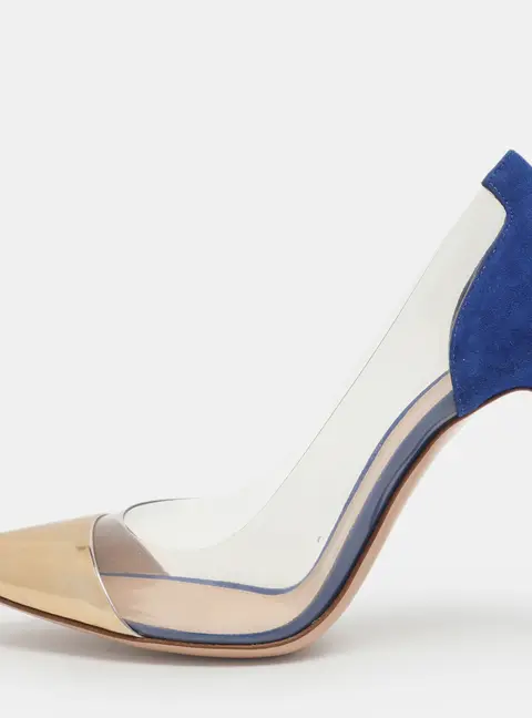 Gianvito Rossi Plexi Size 38.5 Blue/Gold PVC and Suede Pumps