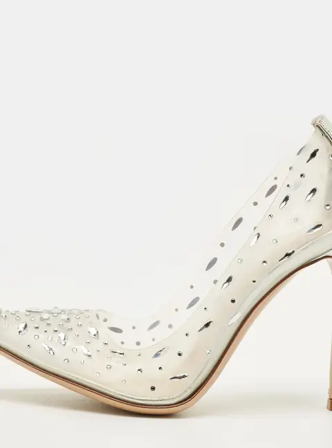 Gianvito Rossi Halley Size 38 Transparent/Silver Patent Leather and PVC Crystal Embellished Pumps