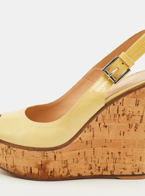 Gianvito Rossi Size 37 Light Yellow Patent Leather Cork Platform Wedge Slingback Sandals