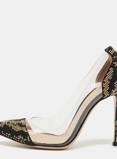 Gianvito Rossi Plexi Size 37 Tricolor PVC and Suede Stud Embellishment Pumps