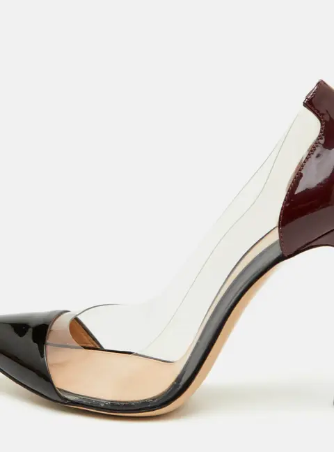 Gianvito Rossi Plexi Size 36.5 Black/Burgundy Patent Leather and PVC Pointed Toe Pumps