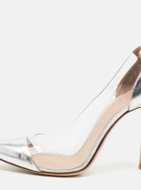 Gianvito Rossi Plexi Size 38 Silver/Transparent Leather and PVC Pumps