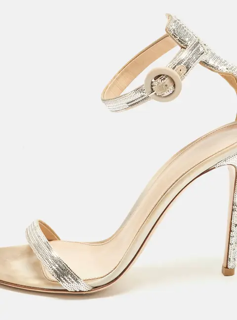 Gianvito Rossi Montecarlo Size 38 Silver Satin and Sequins Ankle Strap Sandals