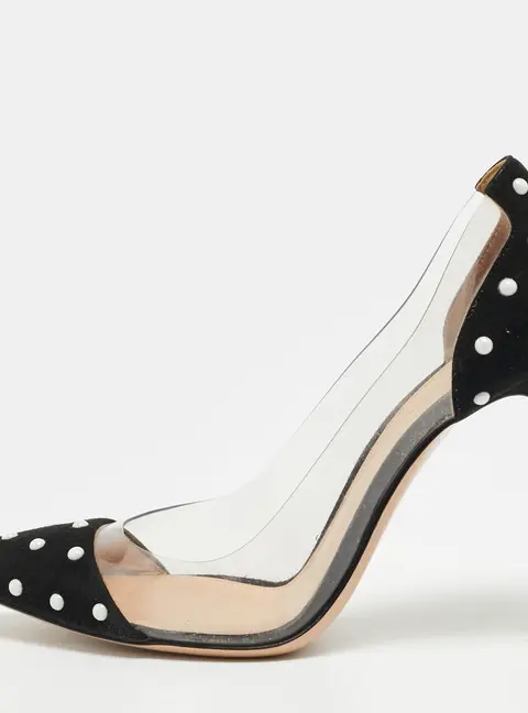Gianvito Rossi Plexi Size 37 Transparent/Black PVC and Suede Pearl Embellished Pumps