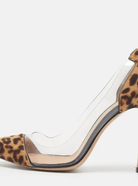 Gianvito Rossi Plexi Size 37 Transparent/Brown Leopard Print Calf Hair and PVC Pumps