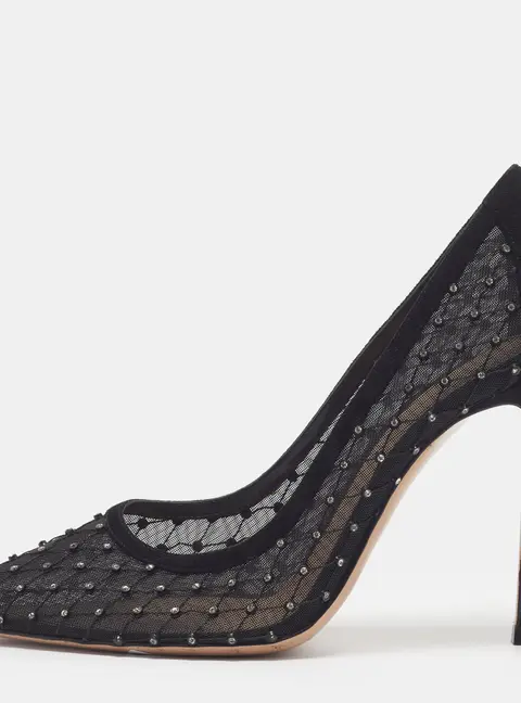 Gianvito Rossi Size 37 Black Mesh and Suede Crystal Embellished Pumps