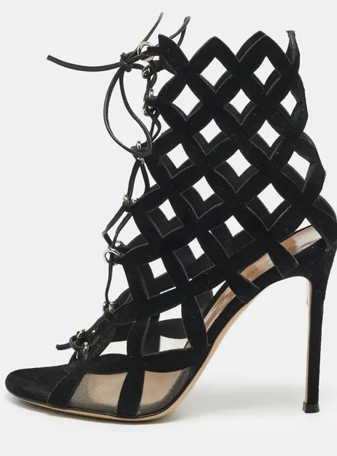 Gianvito Rossi Size 37 Black Suede Caged Sandals