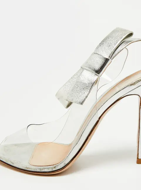 Gianvito Rossi Size 36.5 Transparent/Silver PVC and Leather Bow Slingback Peep Toe Pumps
