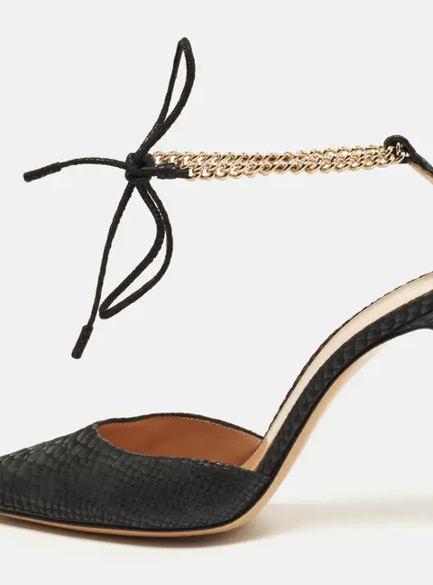 Gianvito Rossi Size 37 Black Snakeskin Embossed Leather Pointed Toe Ankle Tie Chain Pumps