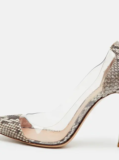 Gianvito Rossi Plexi Size 37 Brown/Beige PVC and Snakeskin Leather Pumps