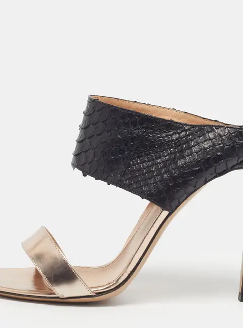 Gianvito Rossi Size 40.5 Black/Gold Leather and Python Leather Slide Sandals