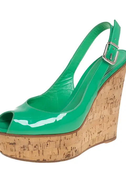 Gianvito Rossi Green Patent Leather Cork Wedge Platform Slingback Sandals Size 37