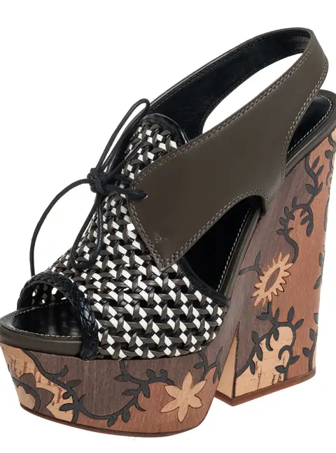 Sergio Rossi Multicolor Woven Leather and Leather Wedge Lace Up Sandals Size 37