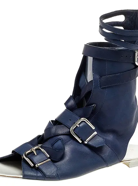 Gianvito Rossi Blue Leather Buckle Gladiator Ankle Length Flat Sandals Size 38