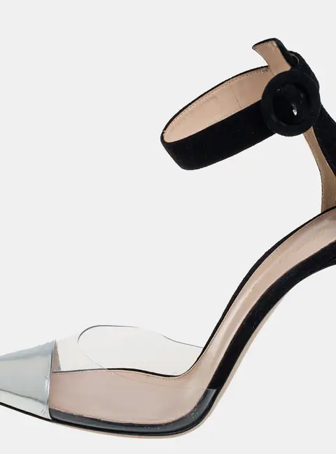 Gianvito Rossi Black/Silver Suede And PVC Ankle Strap Sandals Size 39