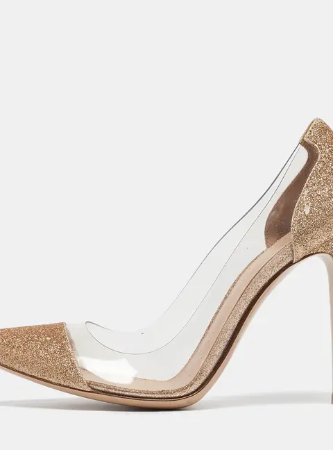 Gianvito Rossi Gold Glitters And PVC Plexi Pointed Toe Pumps Size 37.5