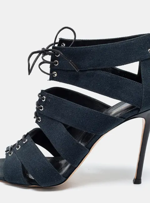 Gianvito Rossi Blue Canvas Lace Up Roxy Caged Sandals Size 39.5
