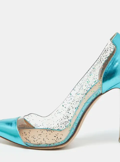 Gianvito Rossi Metallic Blue Leather and Glitter PVC Plexi Pumps Size 38.5