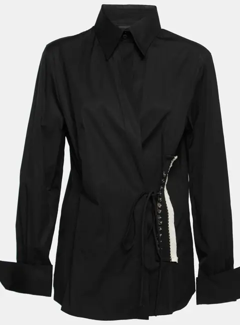 Gianfranco Ferre Vintage Black Cotton Button Detail Tie-Fastening Shirt XL
