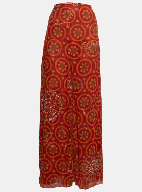 Gianfranco Ferre Vintage Red Printed Silk Embellished Maxi Skirt L