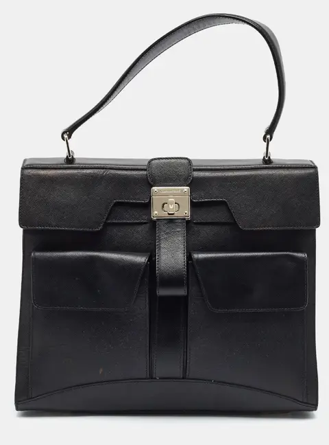 Gianfranco Ferre Front Pocket Black Saffiano Leather Top Handle Bag