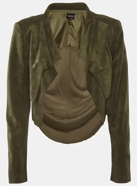 Giorgio Armani Olive Green Faux Suede and Jersey Open Front Jacket S