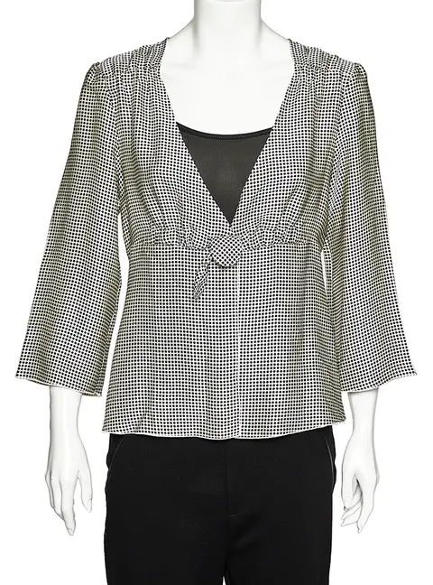 Giorgio Armani White Polka Dotted Silk Satin Gathered Blouse L