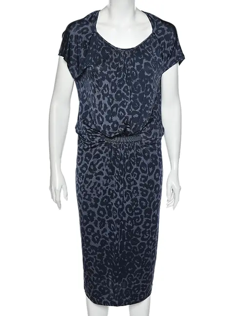 Giorgio Armani Blue Animal Printed Silk Jersey Cut-Out Back Detailed Dress L