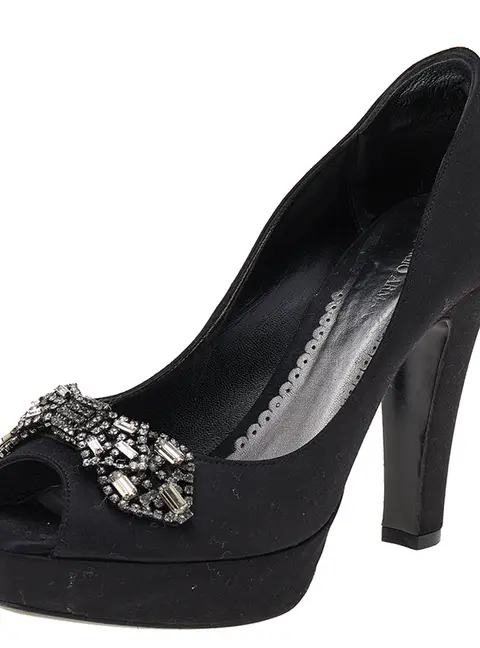 Giorgio Armani Black Satin Crystal Embellished Peep Toe Platform Pumps Size 36
